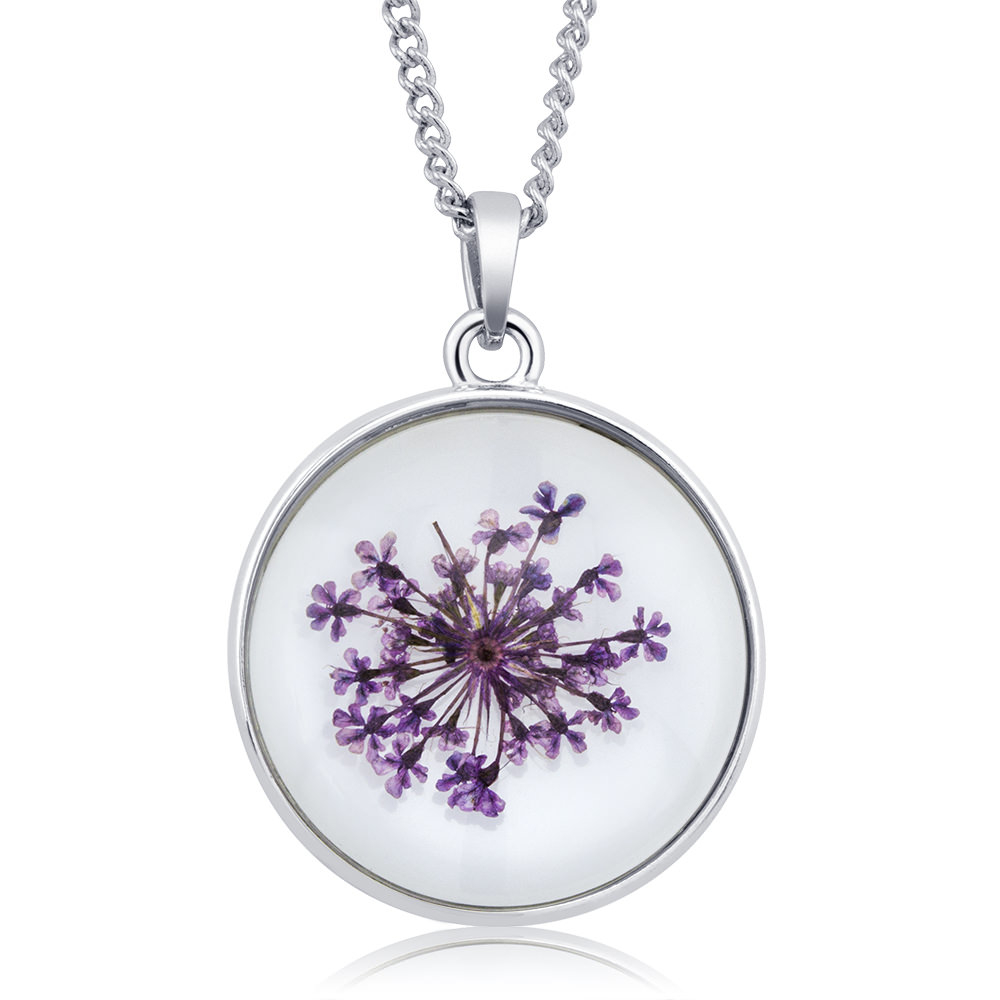Rhodium Plated Round Glass With Genuine Pink Baby's Breath Flowers Necklace - Purple