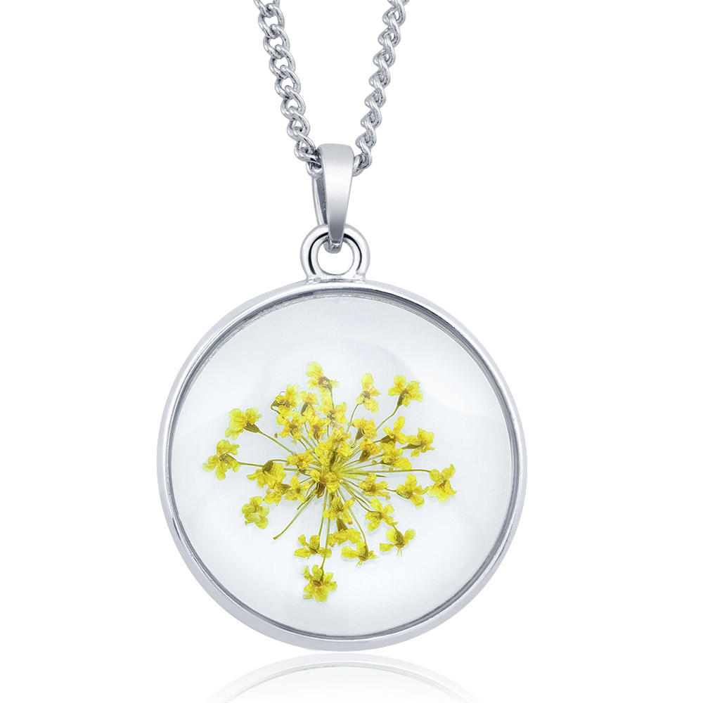Rhodium Plated Round Glass With Genuine Pink Baby's Breath Flowers Necklace - Yellow
