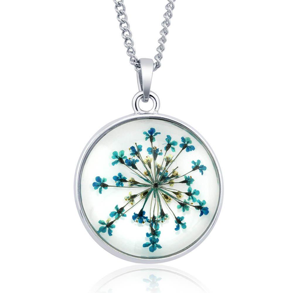 Rhodium Plated Round Glass With Genuine Pink Baby's Breath Flowers Necklace - Blue