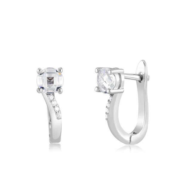 Sterling Silver Oval-Cut CZ Curve Huggie Earrings - Round-Cut