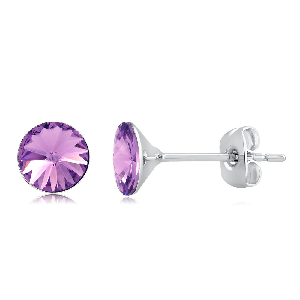 Rhodium Plated Round Violet Crystal Stud Earrings - Violet