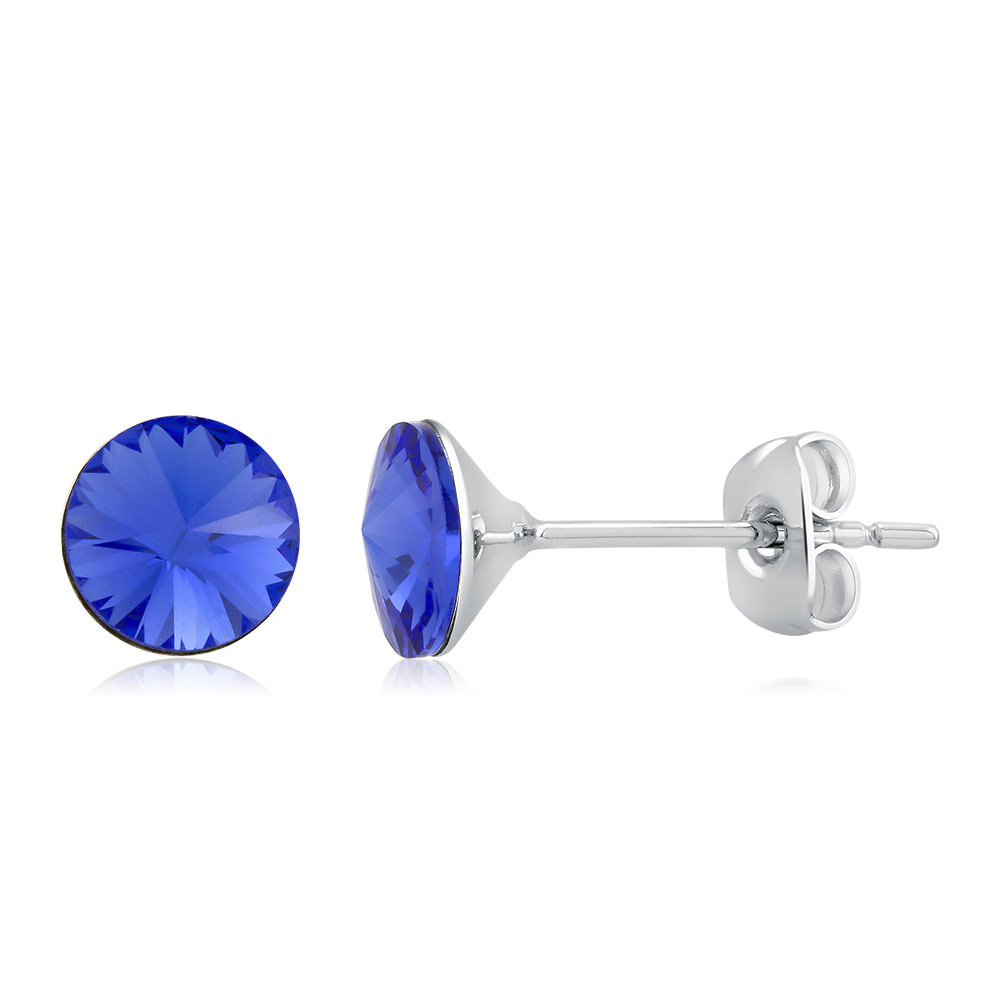 Rhodium Plated Round Violet Crystal Stud Earrings - Sapphire