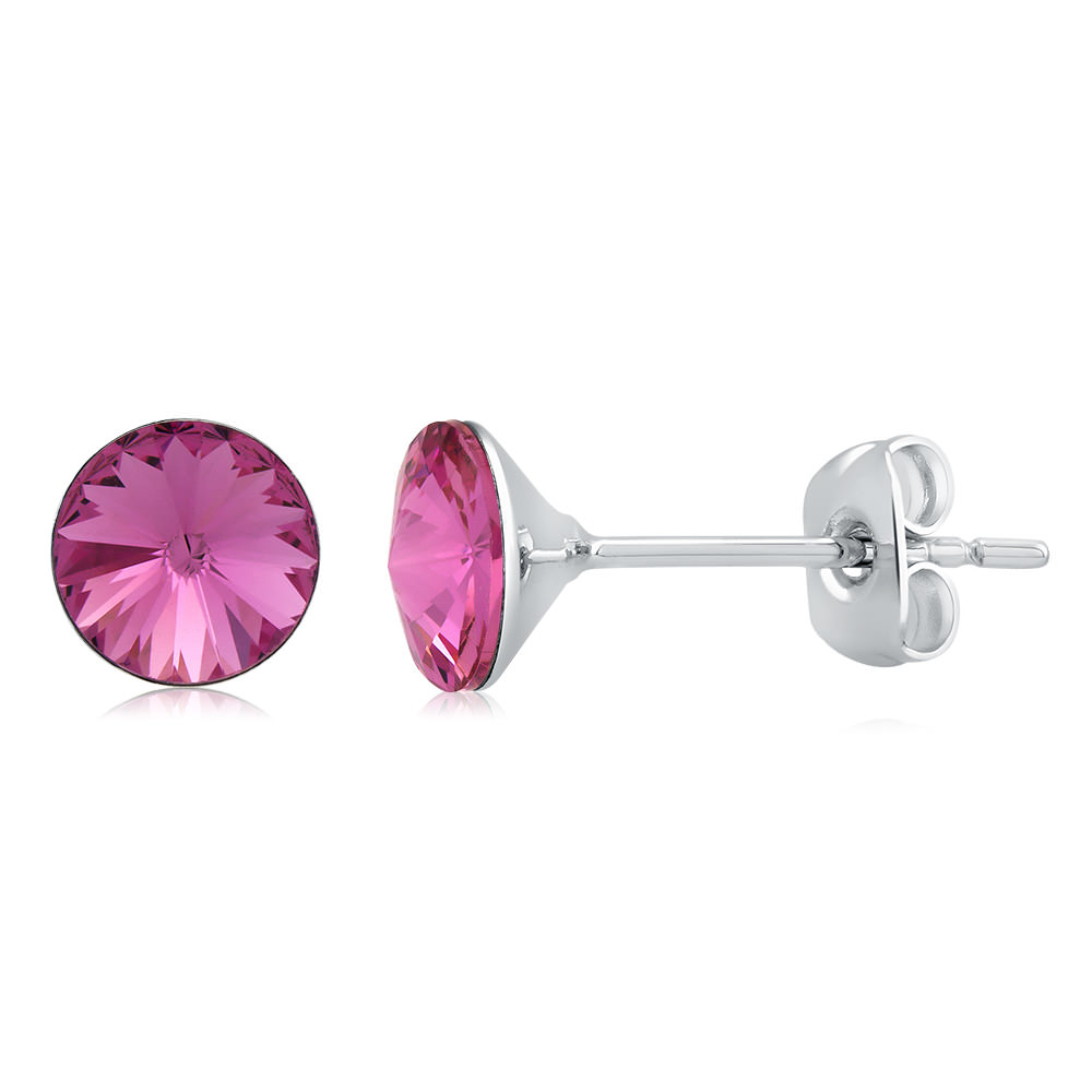 Rhodium Plated Round Violet Crystal Stud Earrings - Rose