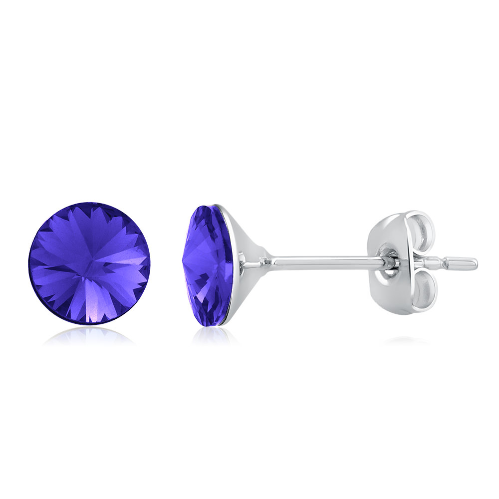 Rhodium Plated Round Violet Crystal Stud Earrings - Tanzanite