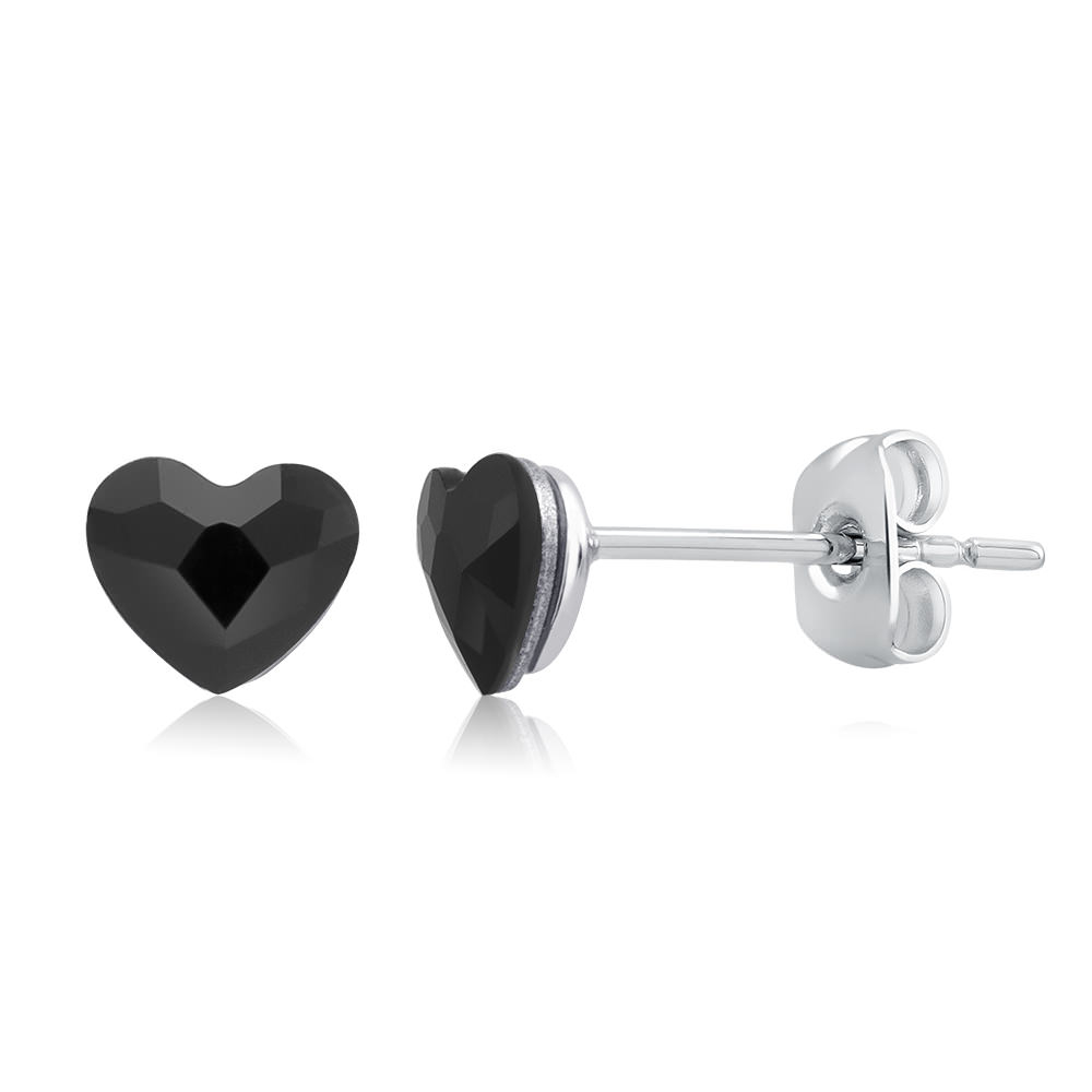 Rhodium Plated Black Crystal Heart Stud Earrings - Indigo