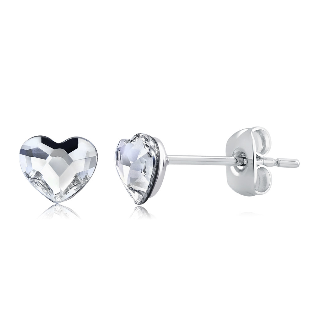Rhodium Plated Black Crystal Heart Stud Earrings - Clear