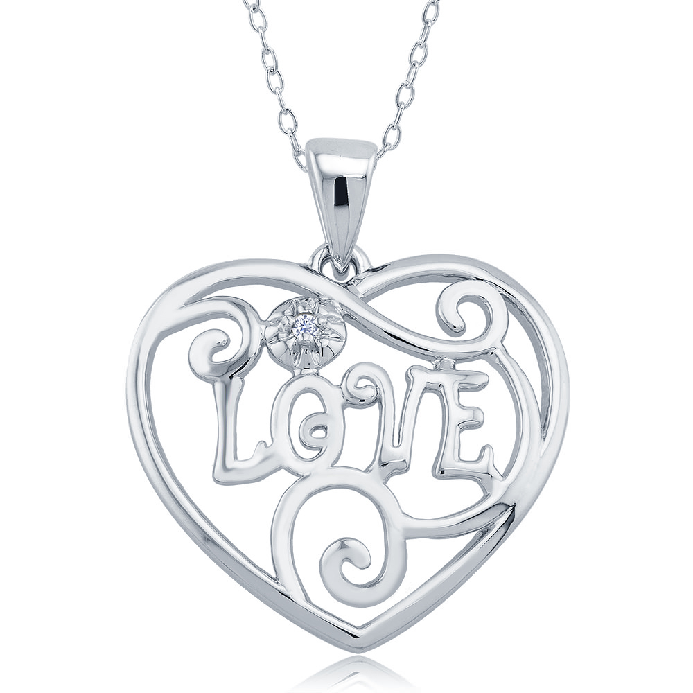 Rhodium Plated Diamond Accent Open Heart 'Love' Necklace