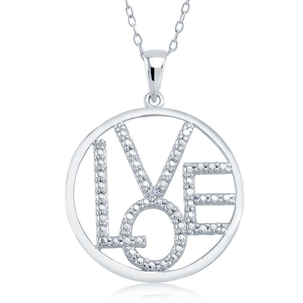 Rhodium Plated Diamond Accent Open Circle 'Love' Necklace