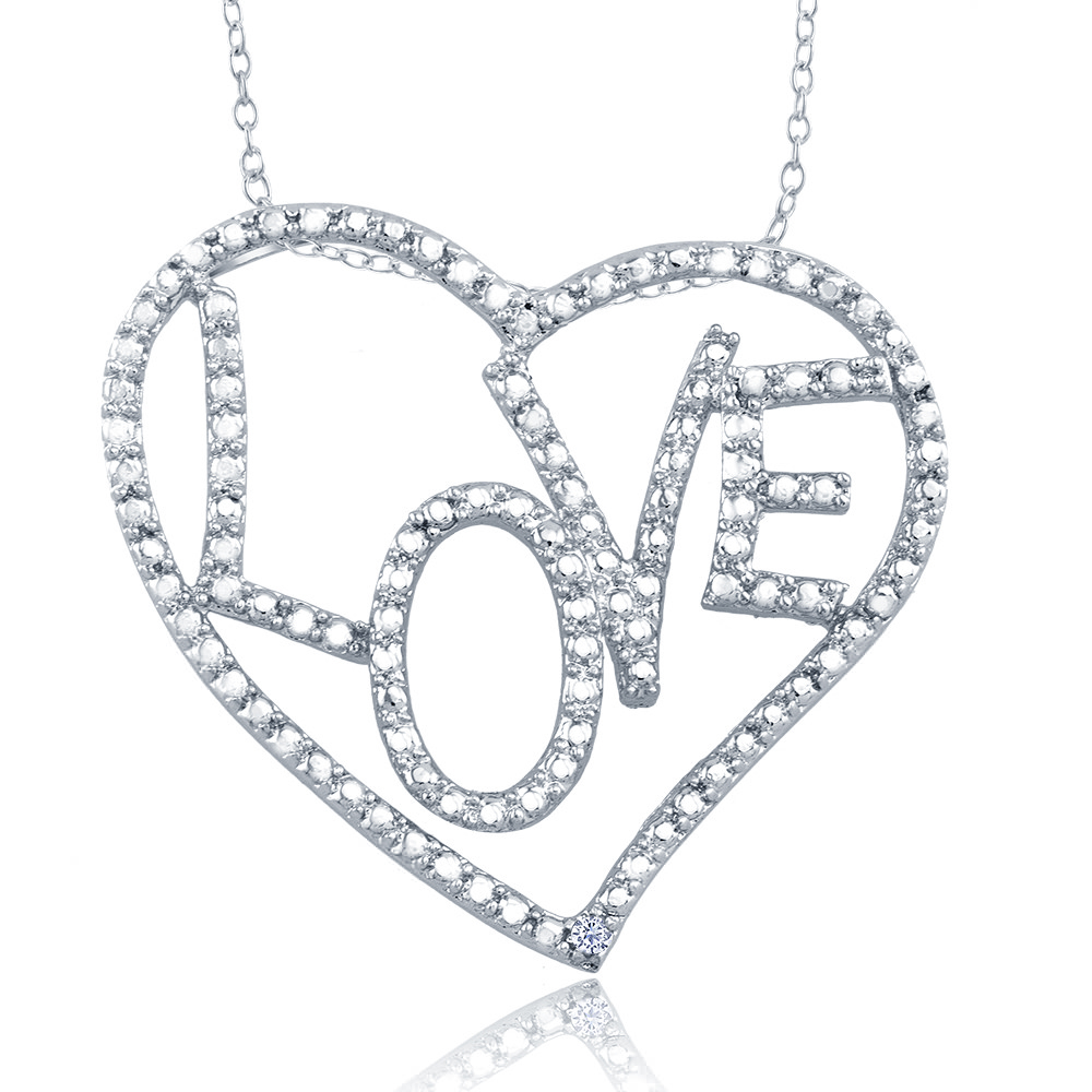 Rhodium Plated Diamond Accent Floating Open Heart 'Love' Necklace