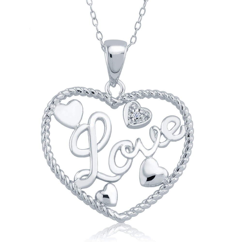 Rhodium Plated Diamond Accent Twisted Open Heart 'Love' Necklace