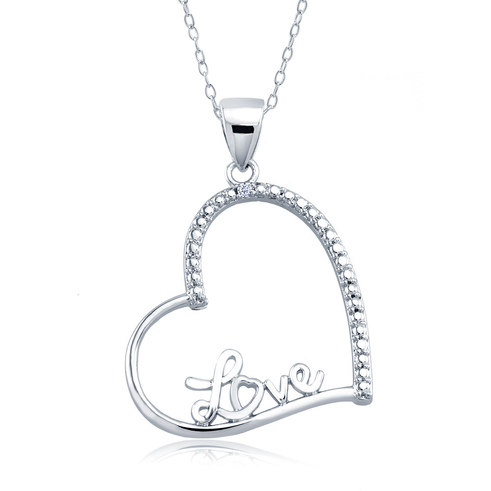 Rhodium Plated Diamond Accent Sideways Open Heart 'Love' Necklace