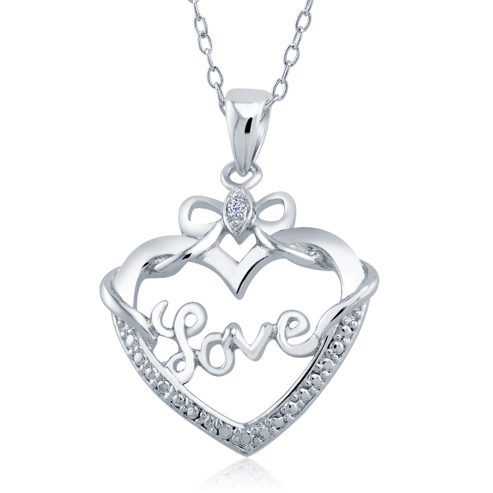 Rhodium Plated Diamond Accent Open Heart With Bow 'Love' Necklace