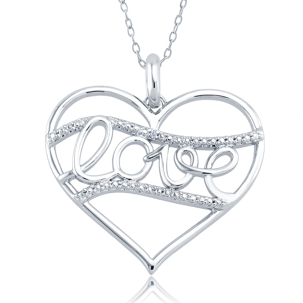 Rhodium Plated Diamond Accent Open Heart Script 'Love' Necklace