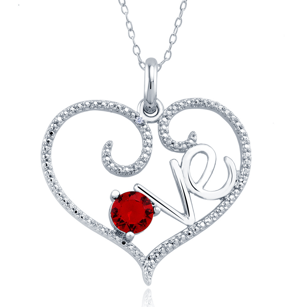 Rhodium Plated Diamond Accent Open Heart With Garnet CZ 'Love' Necklace