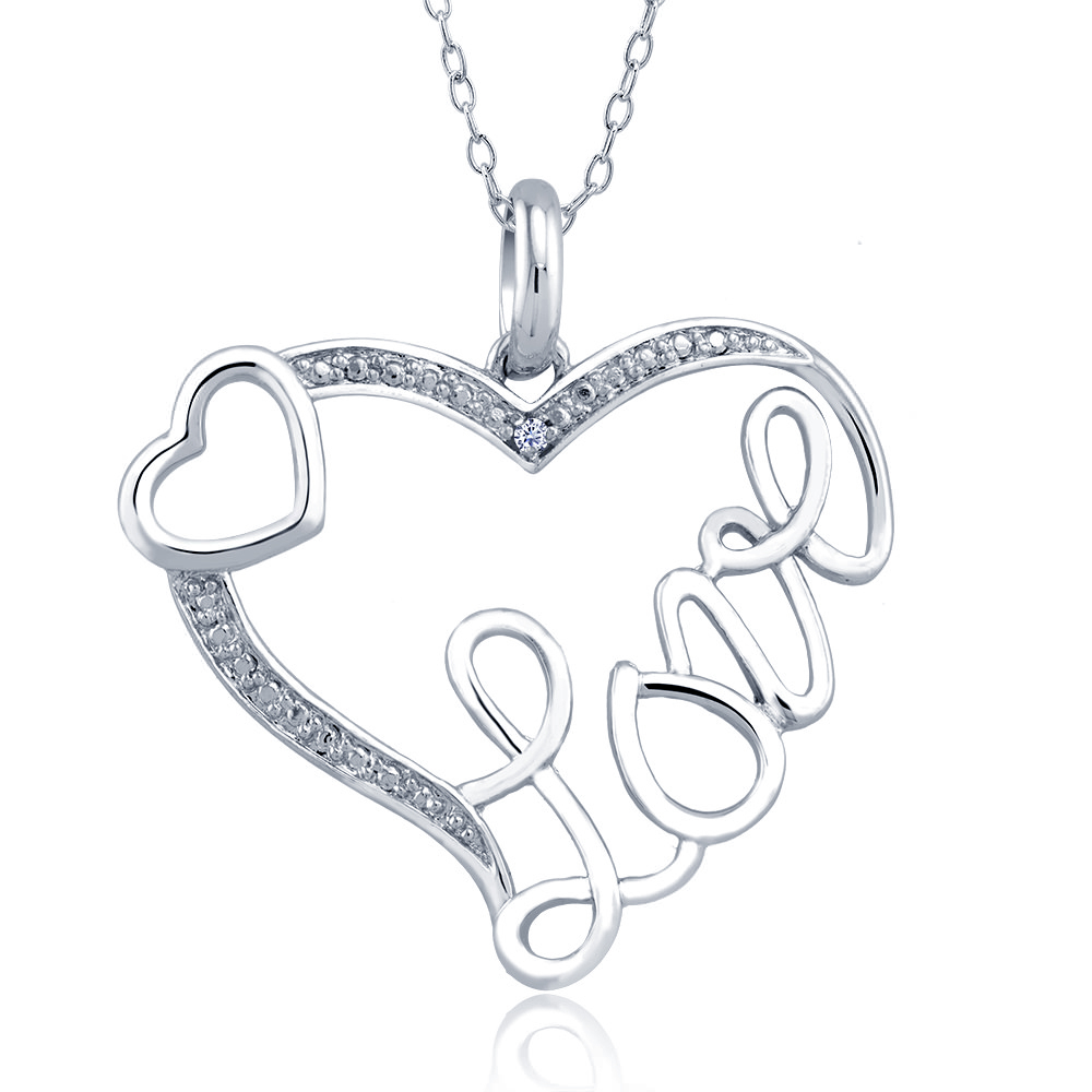 Rhodium Plated Diamond Accent Open Heart 'Love' Necklace