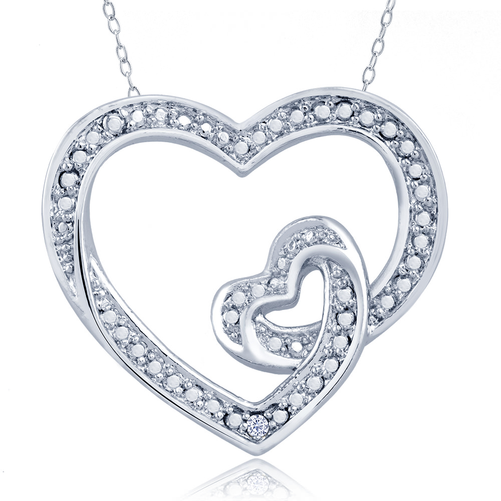 Rhodium Plated Diamond Accent Double Open Heart Necklace