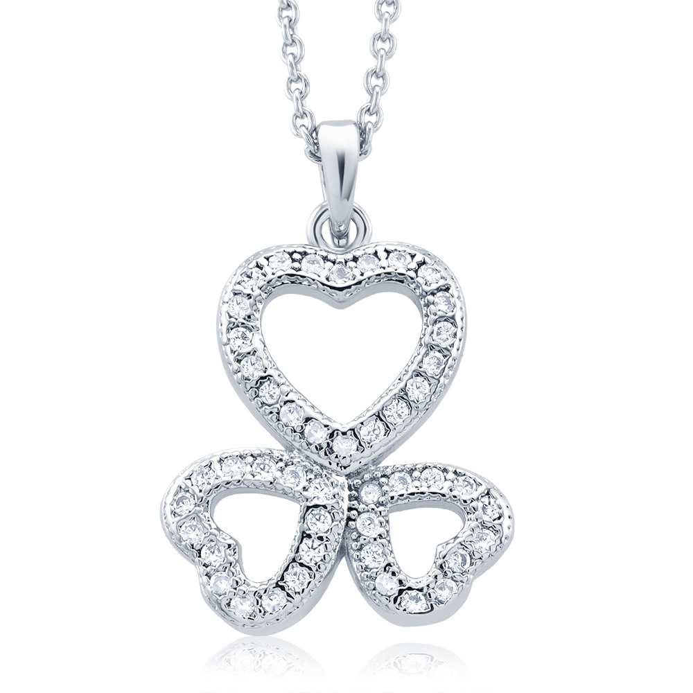 Rhodium Plated Cubic Zirconia Triple Open Heart Necklace