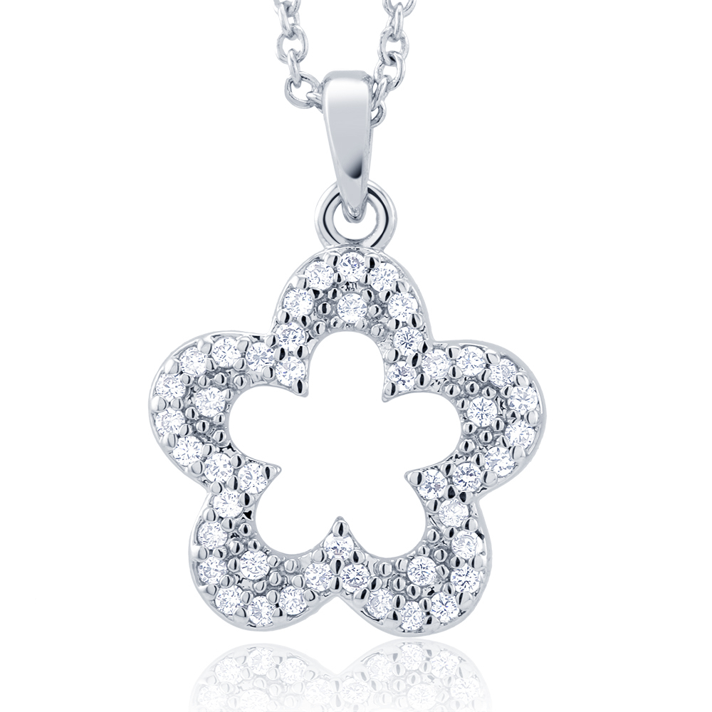 Rhodium Plated Cubic Zirconia Open Flower Necklace