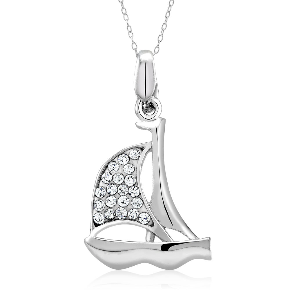 Rhodium Plated Crystal Sail Boat Necklace