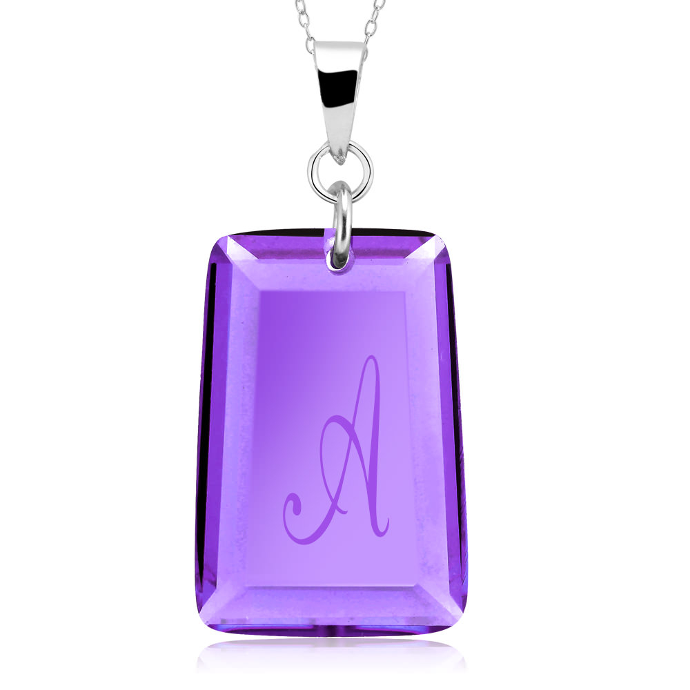 Sterling Silver February/Amethyst CZ Laser Engraved Initial 'A' Birthstone Necklace - Letter F