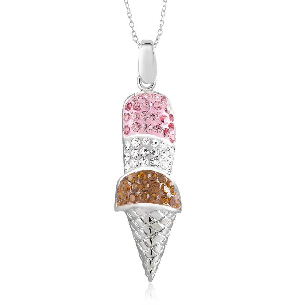 Rhodium Plated Crystal Triple Scoop Ice Cream Cone Necklace