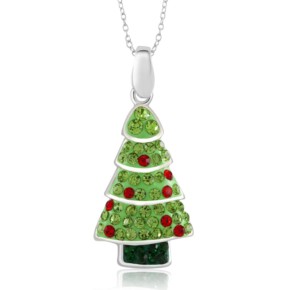 Rhodium Plated Crystal Christmas Tree Necklace