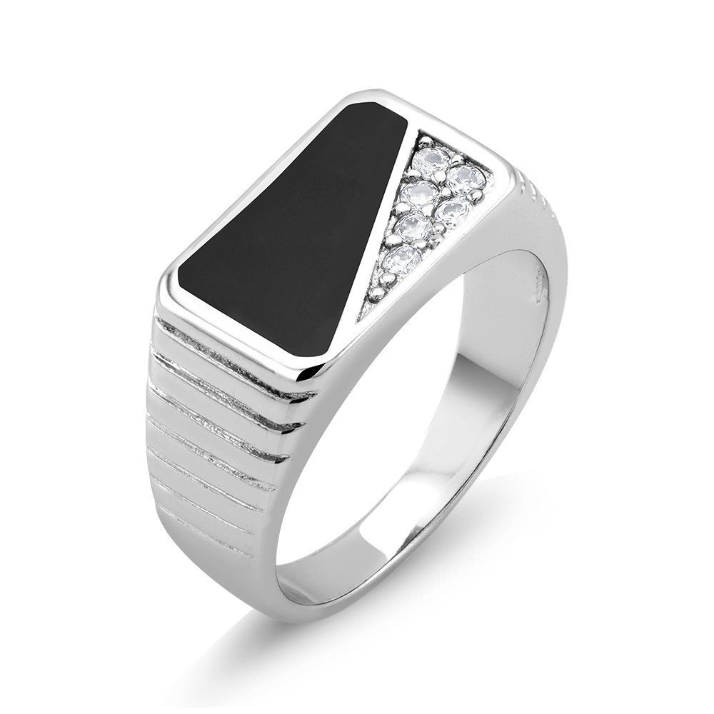 Rhodium Plated Black Epoxy And CZ Square Men's Ring Sizes 9-12 Available - Size 12