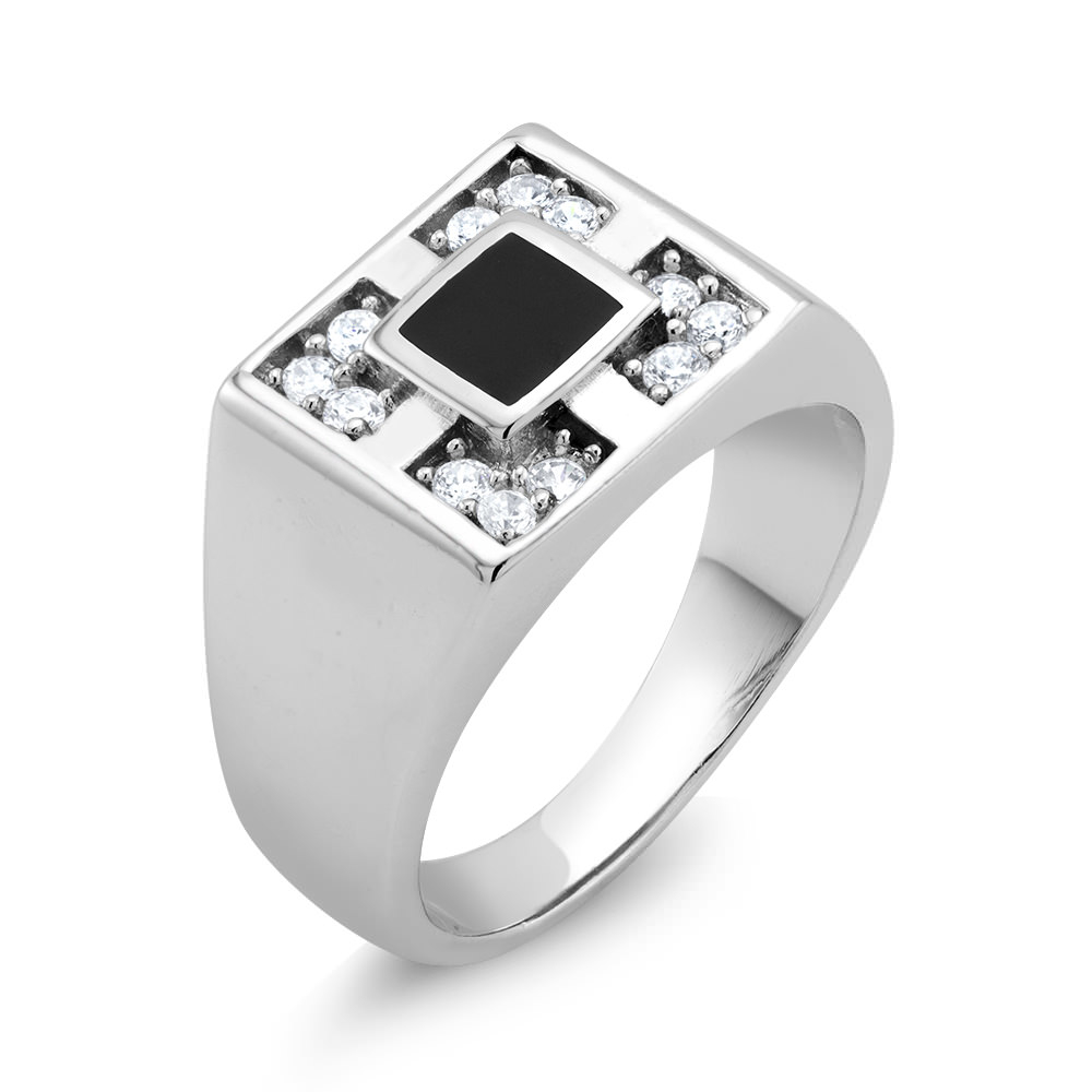 Rhodium Plated Black Epoxy And CZ Four Square Men's Ring Sizes 9-12 Available - Size 9