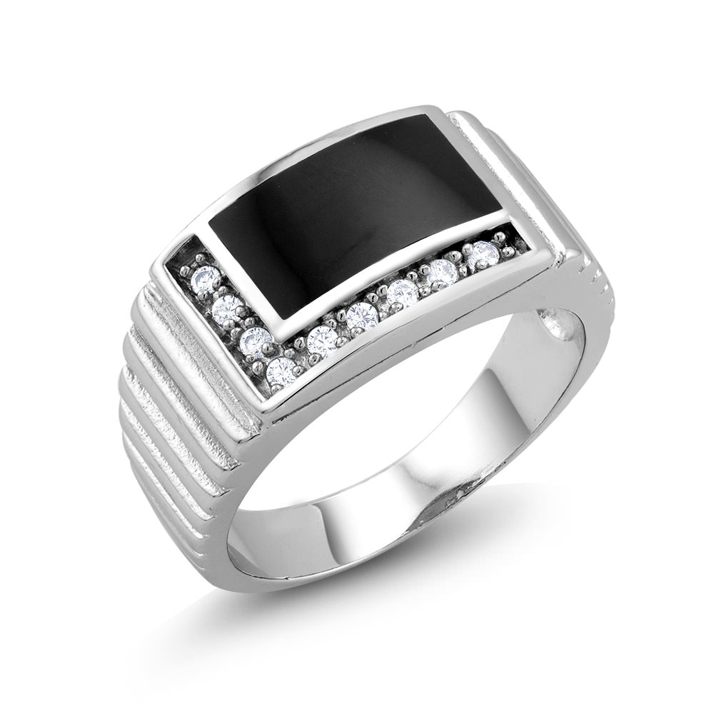 Rhodium Plated Black Epoxy And CZ Rectangle Men's Ring Sizes 9-12 Available - Size 10