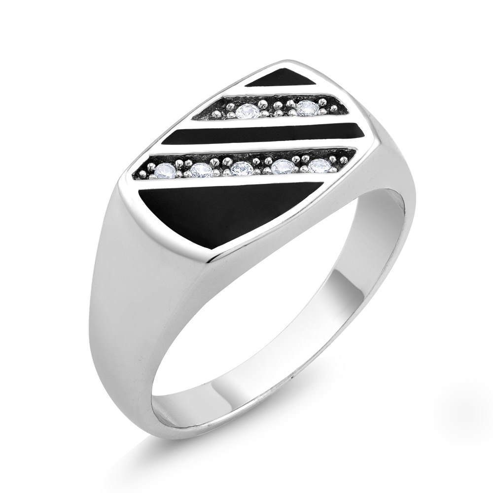 Rhodium Plated Black Epoxy And CZ Square Fashion Men's Ring Sizes 9-12 Available - Size 10