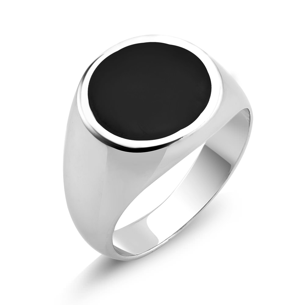 Rhodium Plated Black Epoxy Round Elegant Men's Ring Sizes 9-12 Available - Size 9