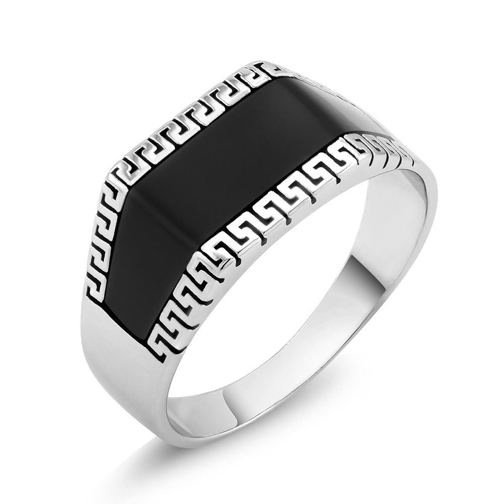 Rhodium Plated Black Epoxy Greek Design Square Men's Ring Sizes 9-12 Available - Size 9