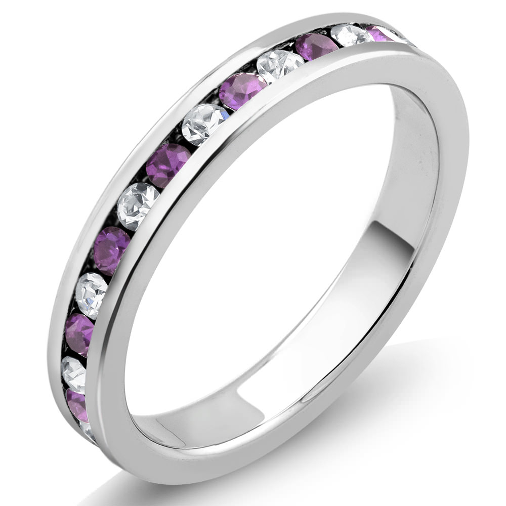 Rhodium Plated February/Amethyst Crystal Eternity Band Sizes 6-9 Available - Size 6