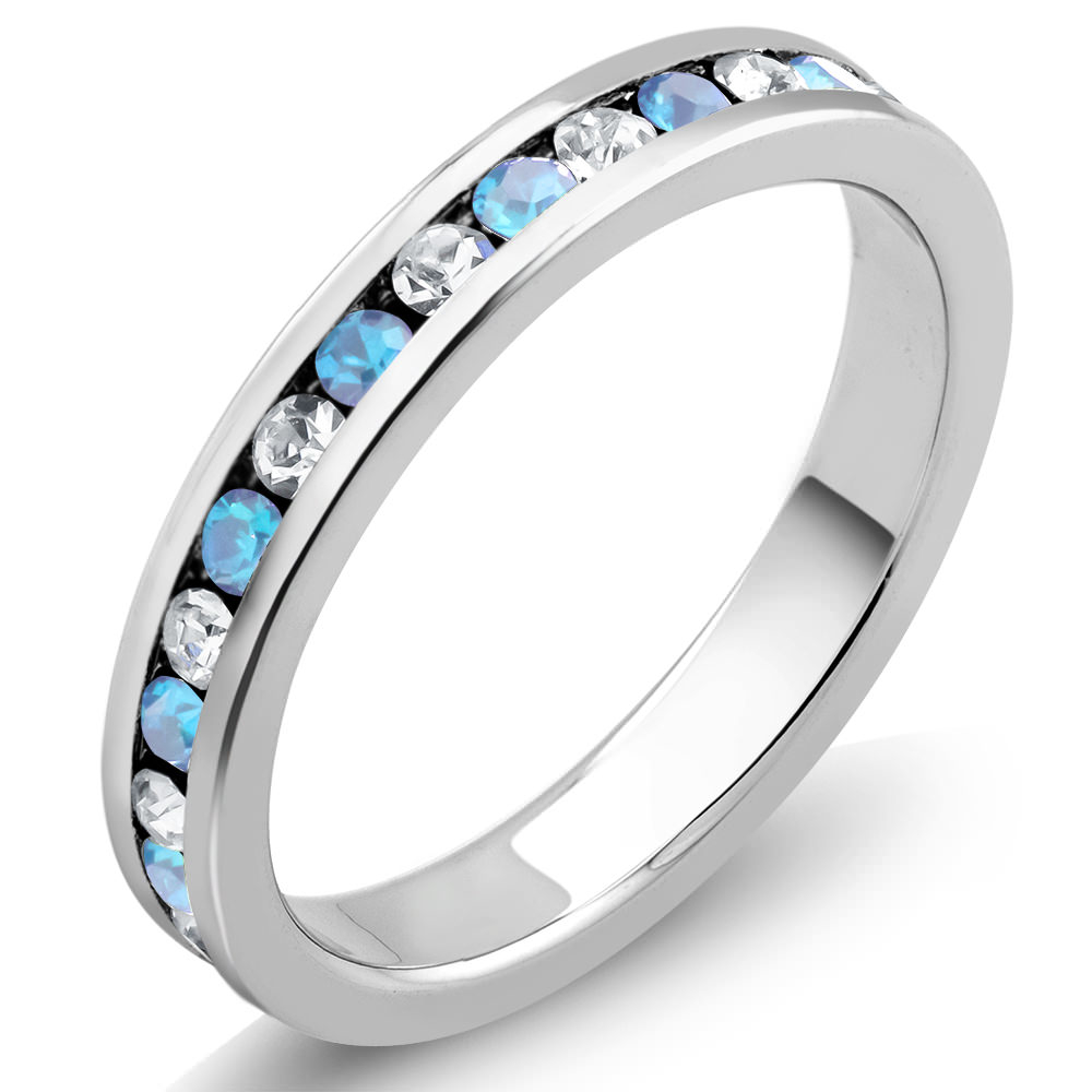 Rhodium Plated March/Aqua Crystal Eternity Band Sizes 6-9 Available - Size 8