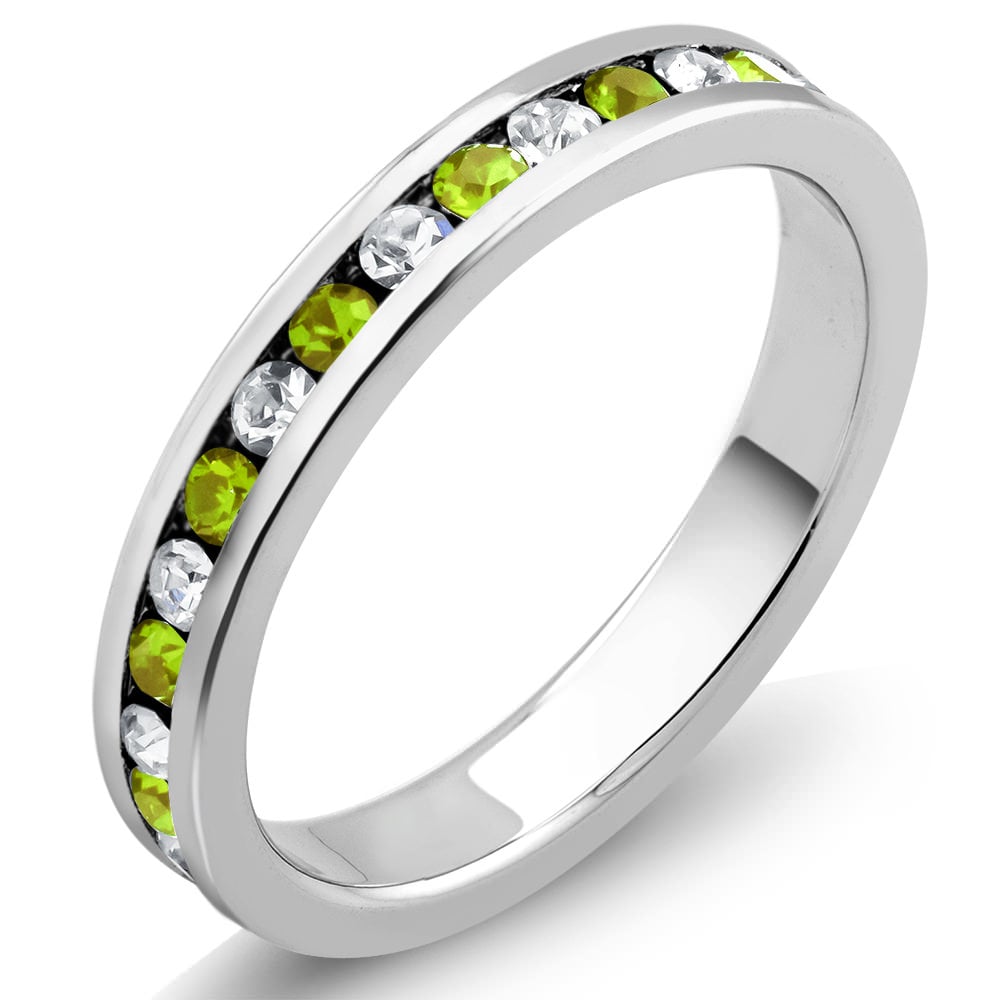 Rhodium Plated August/Peridot Crystal Eternity Band Sizes 6-9 Available - Size 9