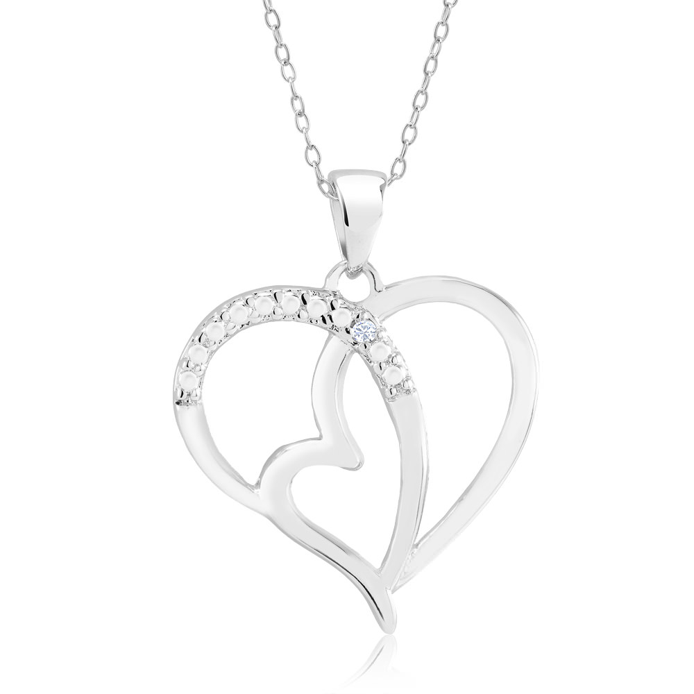 Rhodium Plated Diamond Accent Double Open Heart Necklace