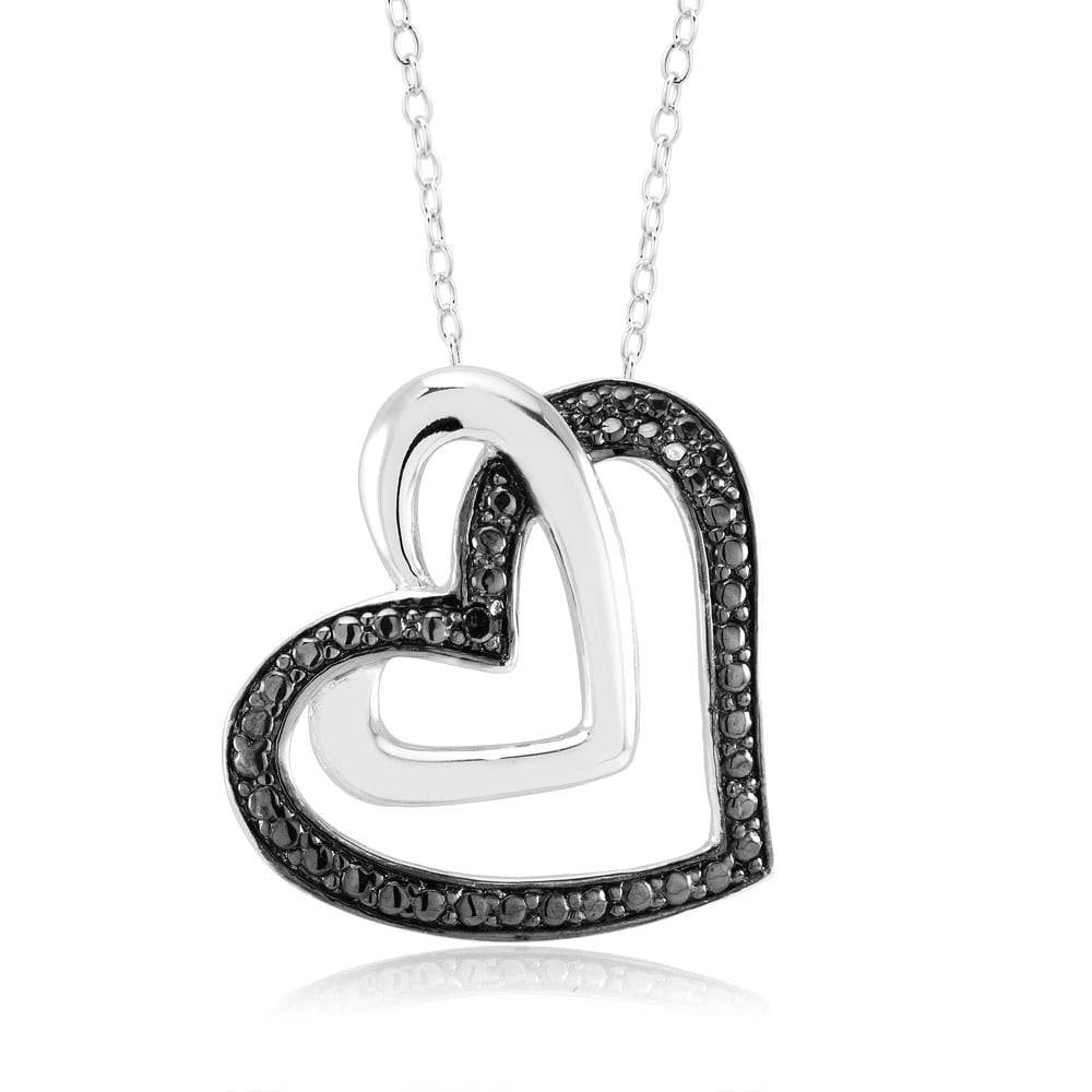Rhodium Plated And Black IP Diamond Accent Double Open Heart Necklace