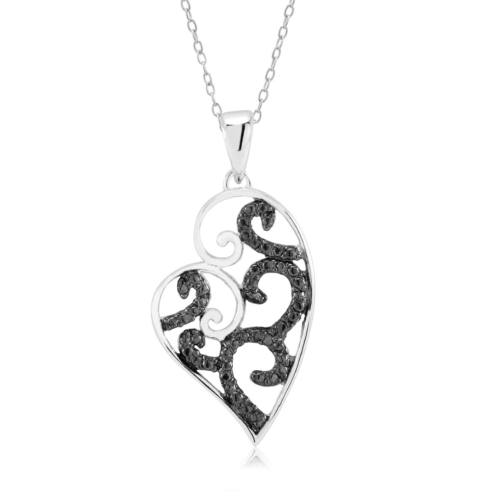 Rhodium Plated And Black IP Diamond Accent Filligree Open Heart Necklace