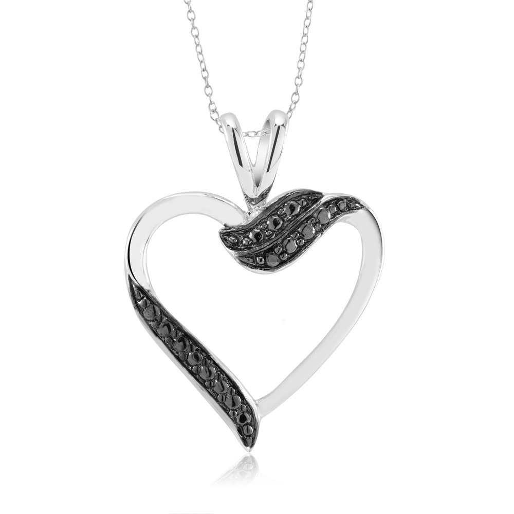 Rhodium Plated And Black IP Diamond Accent Open Heart Necklace