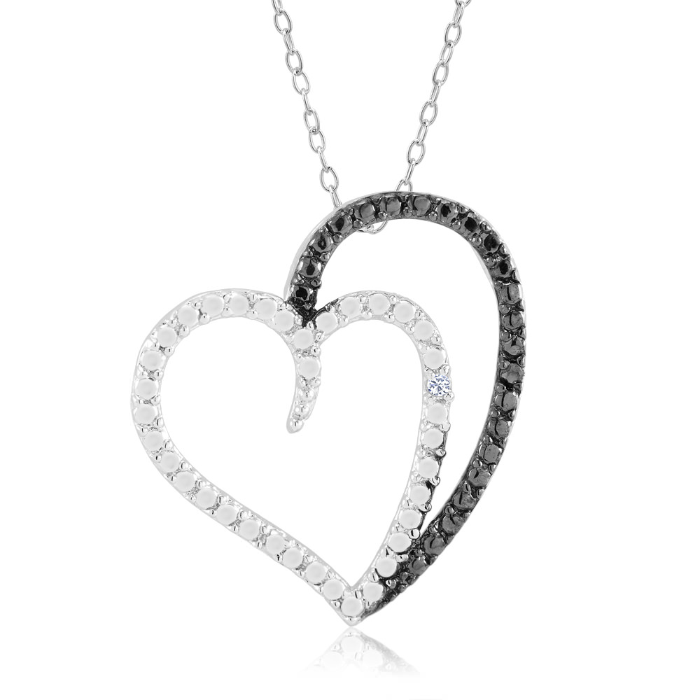 Rhodium Plated And Black IP Diamond Accent Double Open Heart Necklace