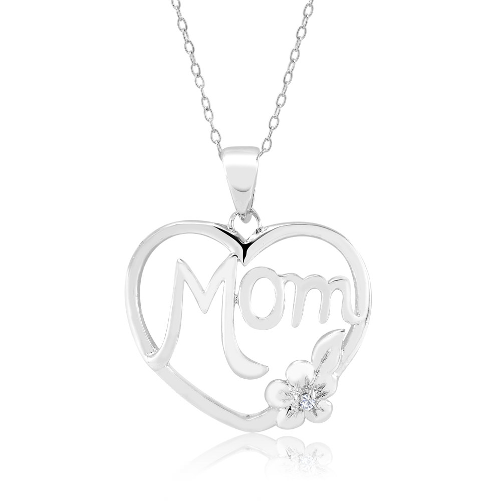 Rhodium Plated Diamond Accent Open Heart 'MOM' Necklace