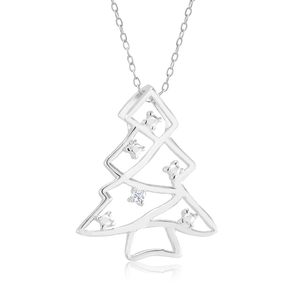 Rhodium Plated Diamond Accent Christmas Tree Necklace
