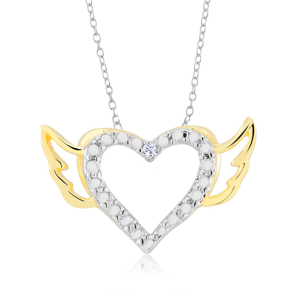 Rhodium Plated Diamond Accent Open Heart With Gold Plated Wings Necklace
