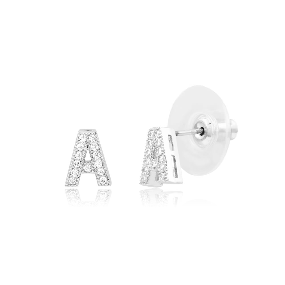 Sterling Silver Plated CZ Initial 'A' Stud Earrings - Letter R
