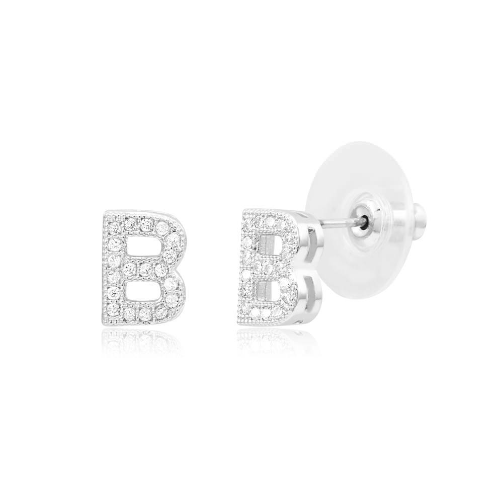 Sterling Silver Plated CZ Initial 'A' Stud Earrings - Letter F