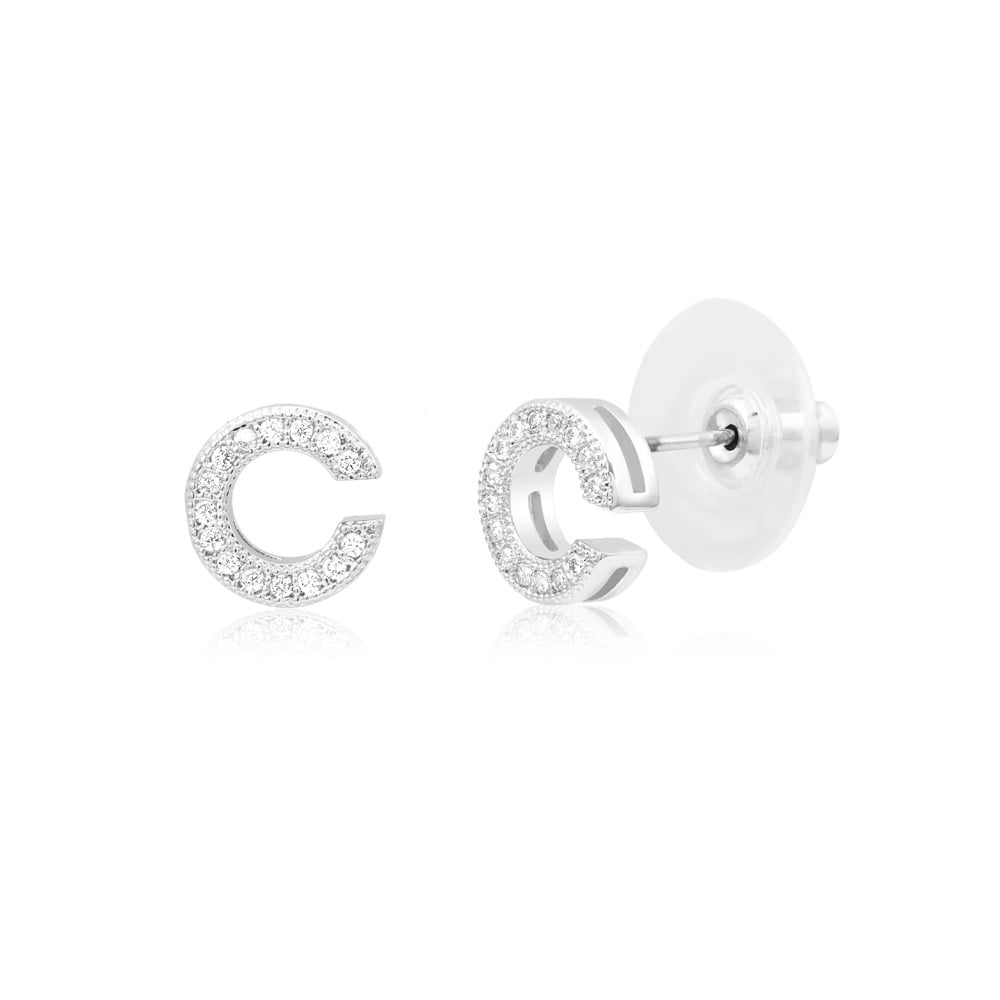 Sterling Silver Plated CZ Initial 'A' Stud Earrings - Letter L