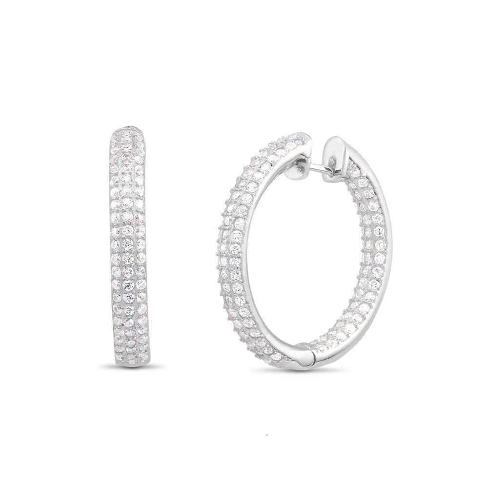 Rhodium Plated 3-Row In And Out CZ Hoop Earrings - B3027he-4