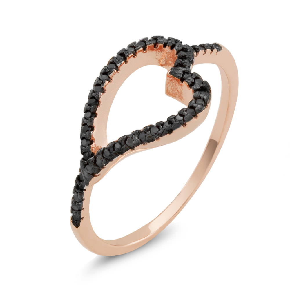 Rose Gold Plated Sterling Silver Black CZ Sideways Heart Ring - Size 8