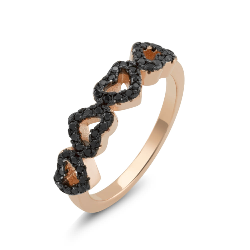 Rose Gold Plated Sterling Silver Black CZ Heart Ring - Size 6