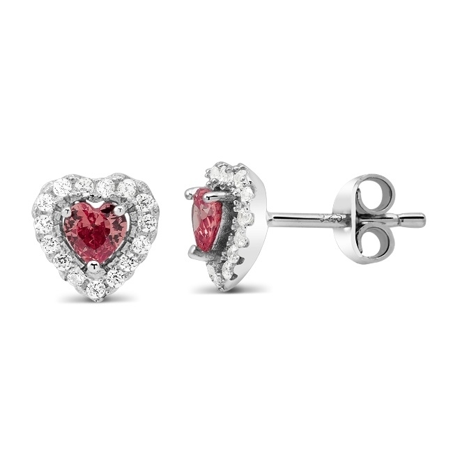 Sterling Silver January/Garnet Heart-Cut CZ Birthstone Stud Earrings - July/Ruby